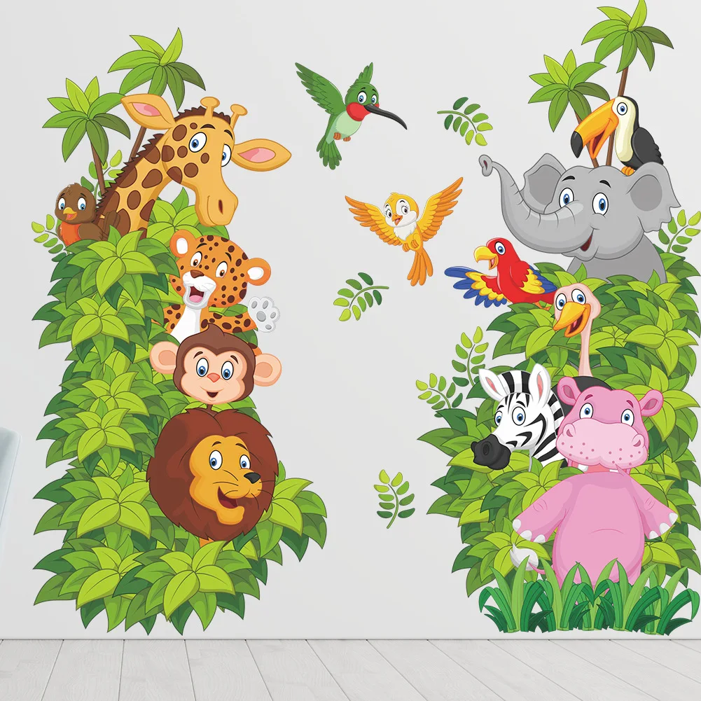 Large Cute Forest Animals Wall Stickers for Children Boys Girls Baby Room Decoration Elephant Giraffe Monkey Butterfly Wallpaper