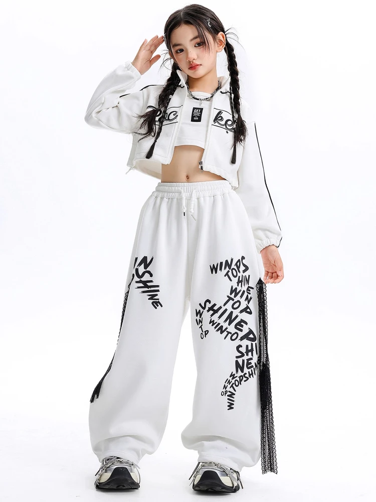 Neue Mädchen Jazz Dance Kleidung Set Hip Hop Kostüm Weiße Jacke Baggy Hosen Lange Ärmel Anzug Gruppe Breaking Street Dance Outfits