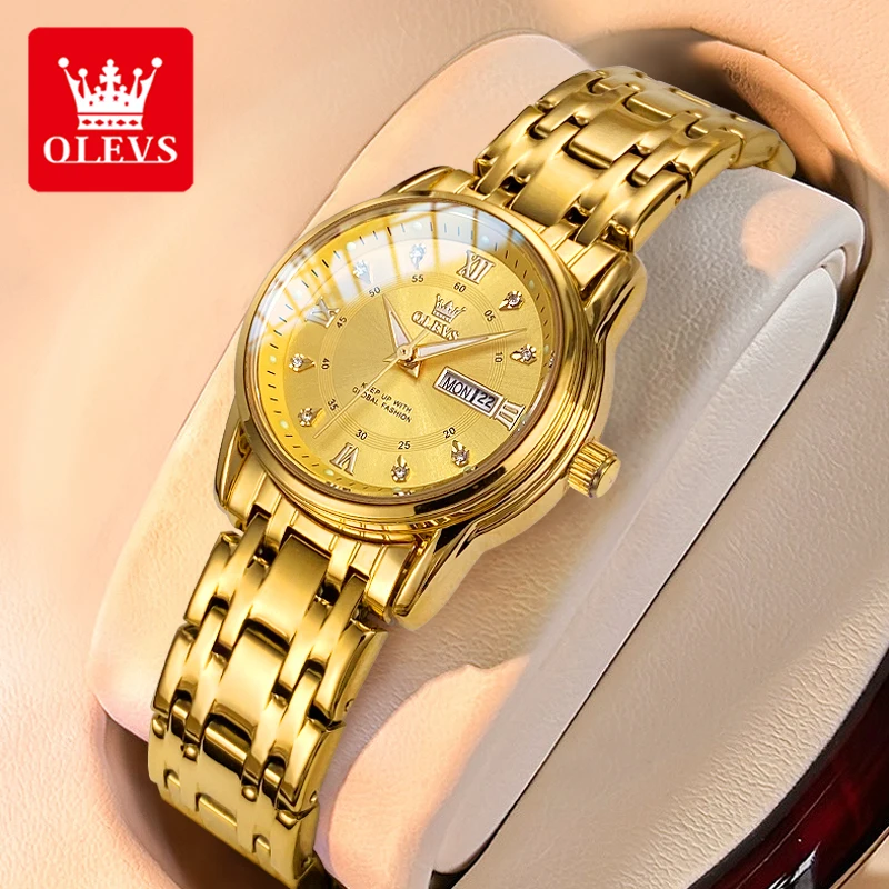 OLEVS 5513 Fashion Ladies' Watches Elegant Stainless Steel Waterproof Quartz Watch for Women Weekly Calendar Luminous Wristwatch