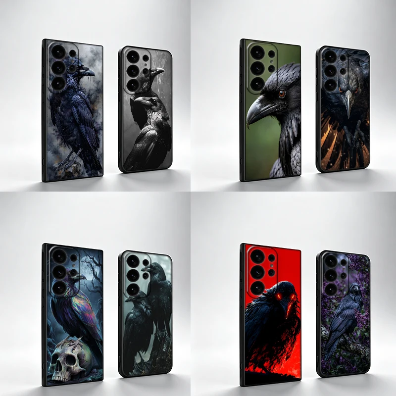 Crow Raven Dark Skull Phone Case For Samsung S25Edge S26FE Galaxy S22 S25 S24 S26 Ultra S21 S23 S20 Plus Cover Black Shell Coque