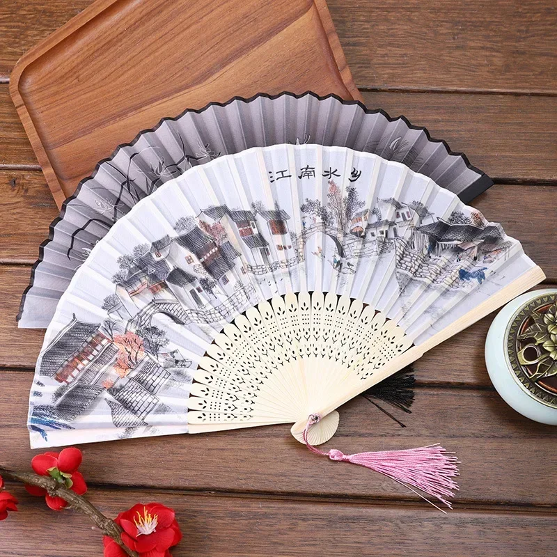 Chinese Style Folding Fan Wooden Shank Classical Dance Fan Male Portable High Quality Tassel Home Decoration Photo Props Cosplay