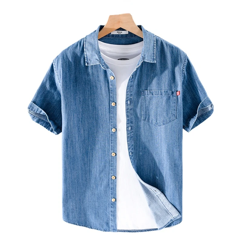 Shirt Boutique Men's Fashion Denim Casual Work Business Everything Youth Trend British Style Pure Cotton Short-sleeved Shirt