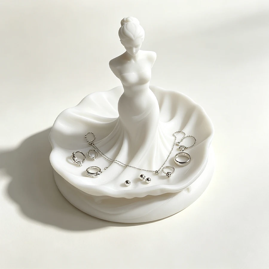 Elegant Fishtail Long Skirt Jewelry Display Tray for Women, White Goddess Portrait Jewelry Organizer, Multifunctional Jewelry Tray, Suitable for Bathroom Countertops and Dressing Tables