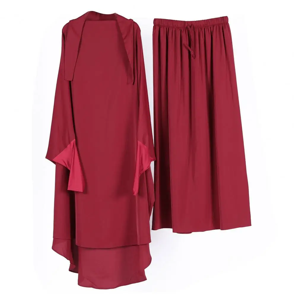 2 Pcs/Set Robe Skirt Set Loose Solid Color Conservative Drawstring Elastic Waist Pleated Middle East Traditional Clothing