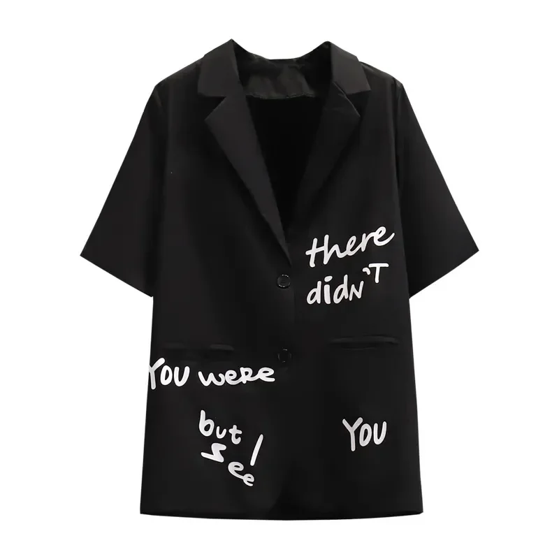 Printed Letters Casual Thin Suit Jacket Female 2024 Summer Blazer Coat Loose Cover Meat Outerwear Short Sleeve Women Tops Tide