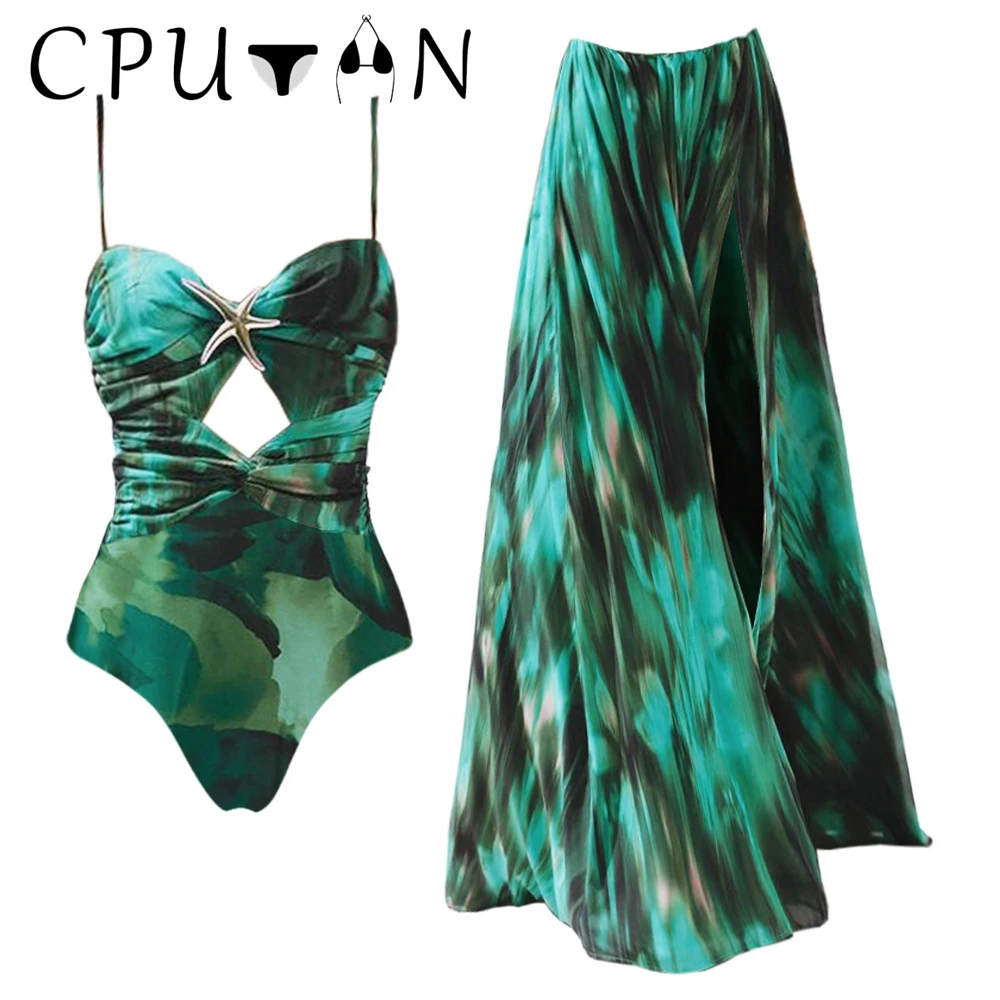 CPUTAN 2024 Sexy One Piece Swimsuit and Skirt Set Golden Starfish Ruched Cutout Green One Piece Swimwear and Skirt Bathing Suit