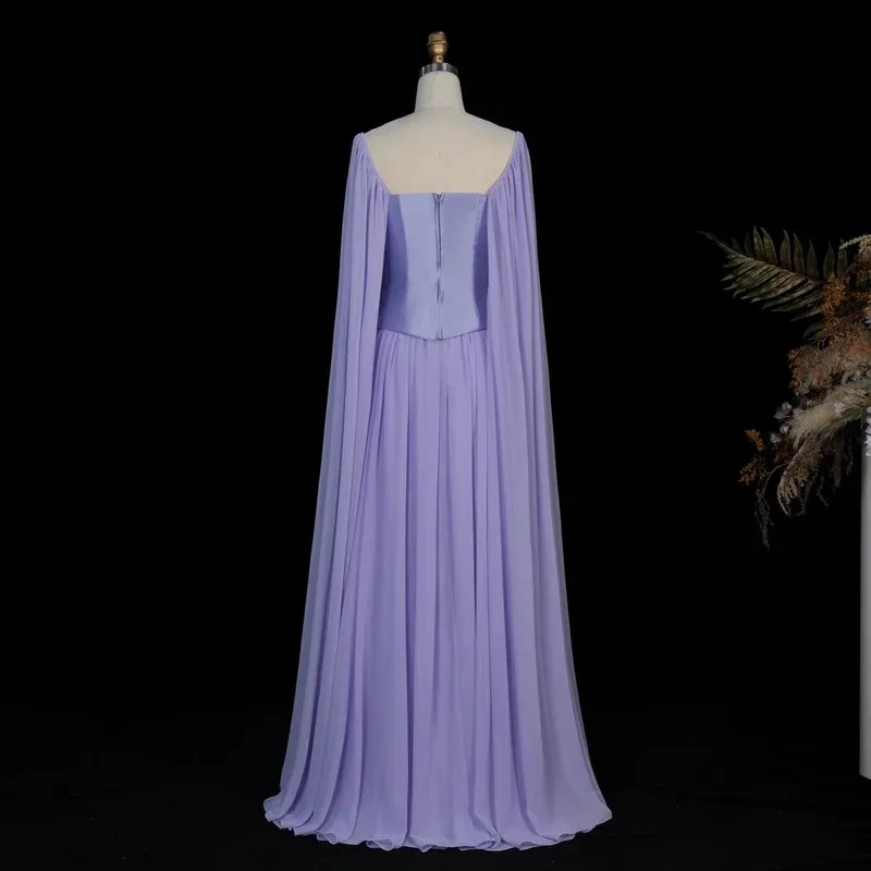Luxury Lavender Evening Dresses 2026 Trend Square Neck Beaded Corset Bodice Chiffon Cape Sleeves A Line Elegant Paty Dresses - view 3
