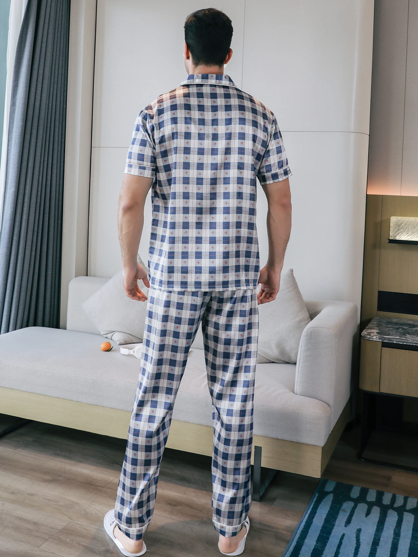 Two piece sets men's sleepwear summer short sleeved pants checkered printed home clothes sleepwear set