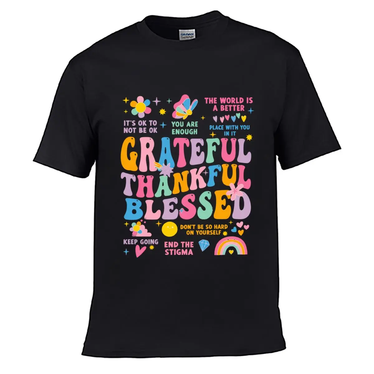 Grateful Thankful Blessed Mental Health Inspirational Positive Quote Floral Rainbow Design short-sleeved T-shirt