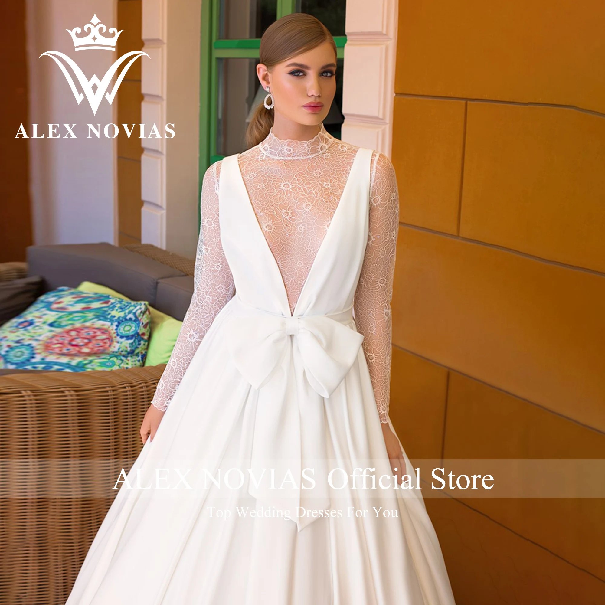 ALEX NOVIAS Ball Gown Wedding Dresses With Jacket Bow 2023 V-neck Floral Print Lace Satin Wedding Gown Vestido Novias De Saten