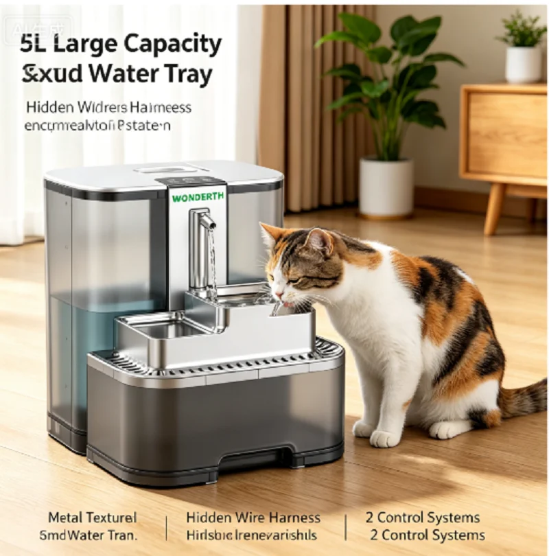 

5L Automatic Flowing-style Stainless Steel Pet Drinking Water Dispenser No Filter,No-APP, Wastewater Separation As Fresh Water