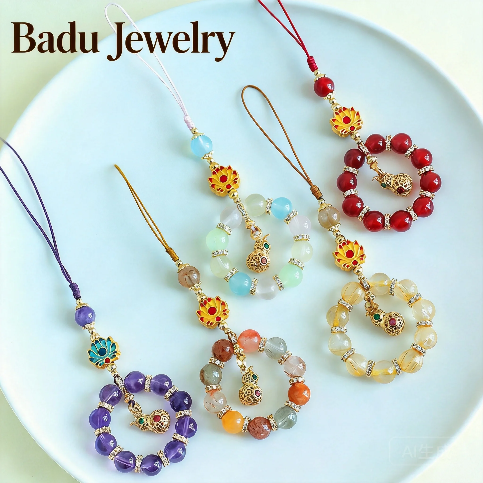 

Chinese Style Lucky Blessing Natural Crystal Beaded Phone Lanyard Amethyst Rutilated Quartz Red Agate Wealth Pendant Keychain