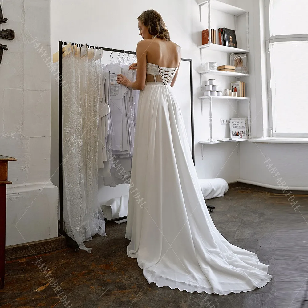 Strapless Chiffon Simple Wedding Dress A Line High Side Split Elegant Bridal Gown Sleeveless Lace Up Back Beach Bridal Dress