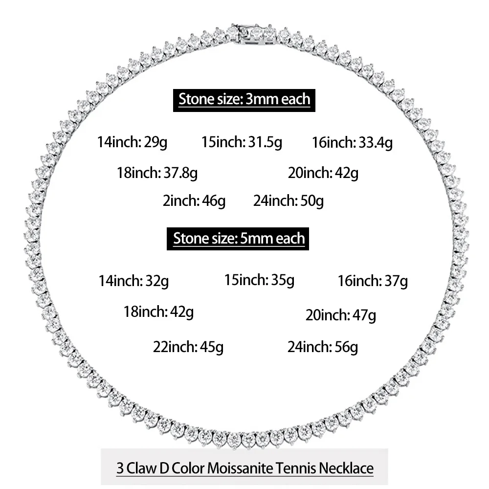 Serenity 3 Claw D Color Moissanite Tennis Necklace for Women Men 100% S925 Sterling Silver Lab Diamond Luxury Neck Chain Jewelry
