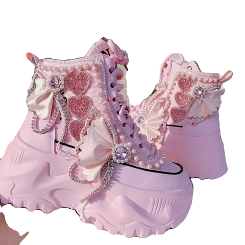Женские ботинки на толстой подошве Lolita's, оригинальные розовые короткие сапоги с высокой талией и инкрустированными стразами, Сказочная новая обувь с высоким верхом