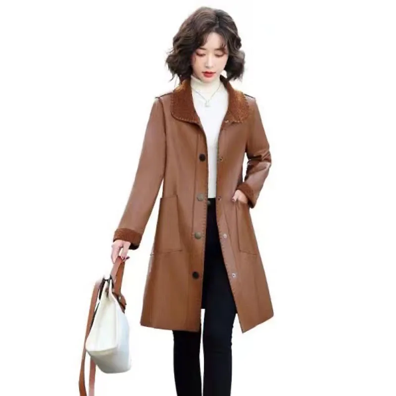 Manteau long en cuir pour femme, veste coréenne, grande taille, coupe-vent en fourrure, nouvelle tendance féminine, automne, hiver, 2024