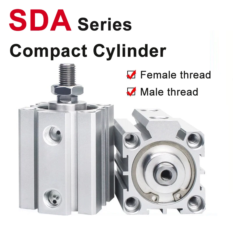 SDA Compact Pneumatic Cylinder  Double Acting 12/16/20/25/32/50/63/80/100 Male or Female Thread Square Mini Pneumatic Actuator