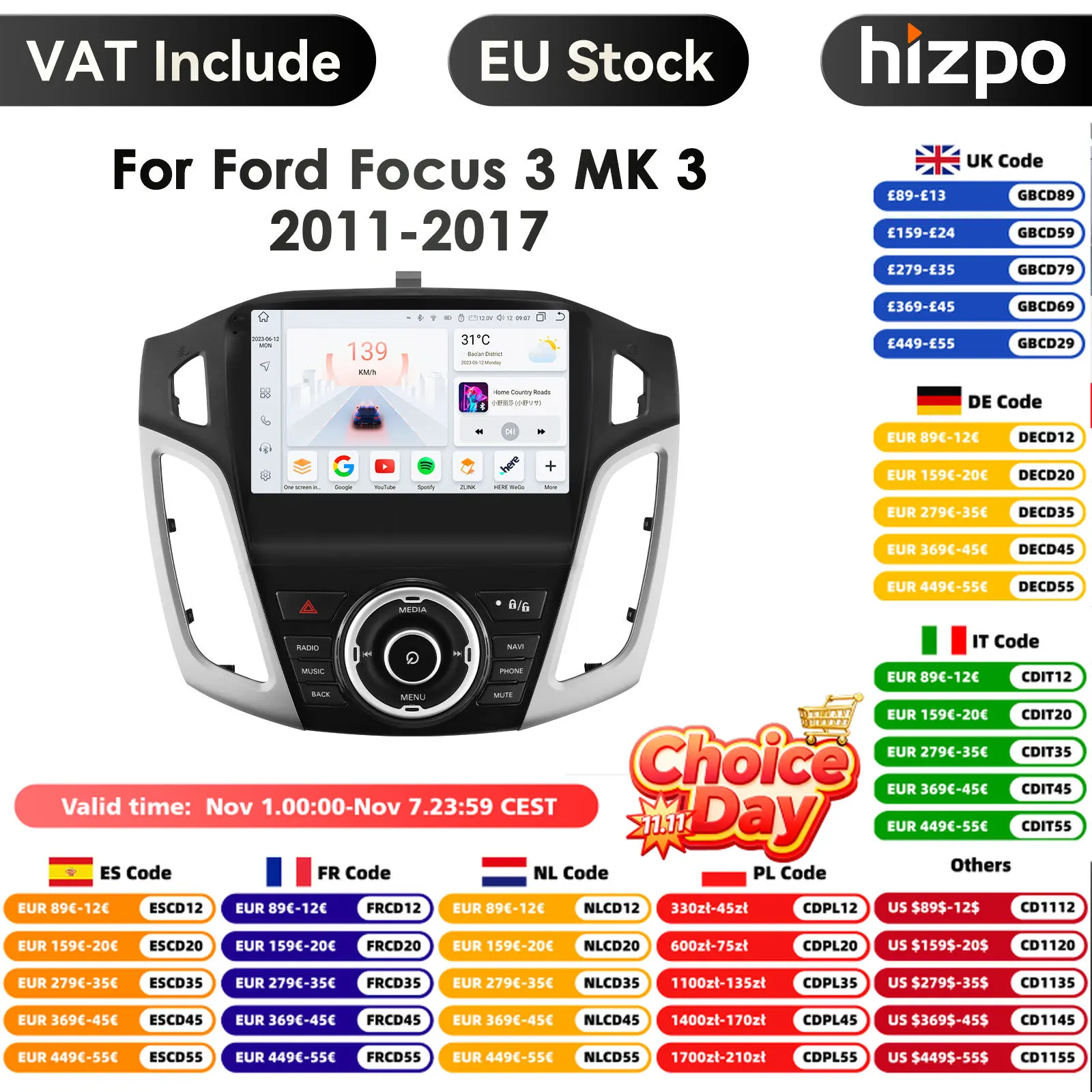 9"DSP 2Din Android Car Radio Multimedia Video Player for Ford Focus 3 Mk 3 2011 - 2019 GPS Navigation Carplay 4G 2 Din Stereo BT