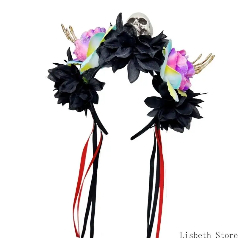 124aハロウィーンスケルトンハンドフラワースカルヘッドバンドは、子供向けの実用的な樹脂ヘアアクセサリーコスチュームパーティーサプライ