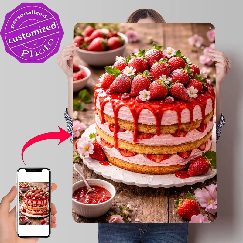 Strawberry Layer Cake With Fresh Berries Printed Poster Customized Wall Art Retro Vintage Metal Tin Signs for Desk Decor Room