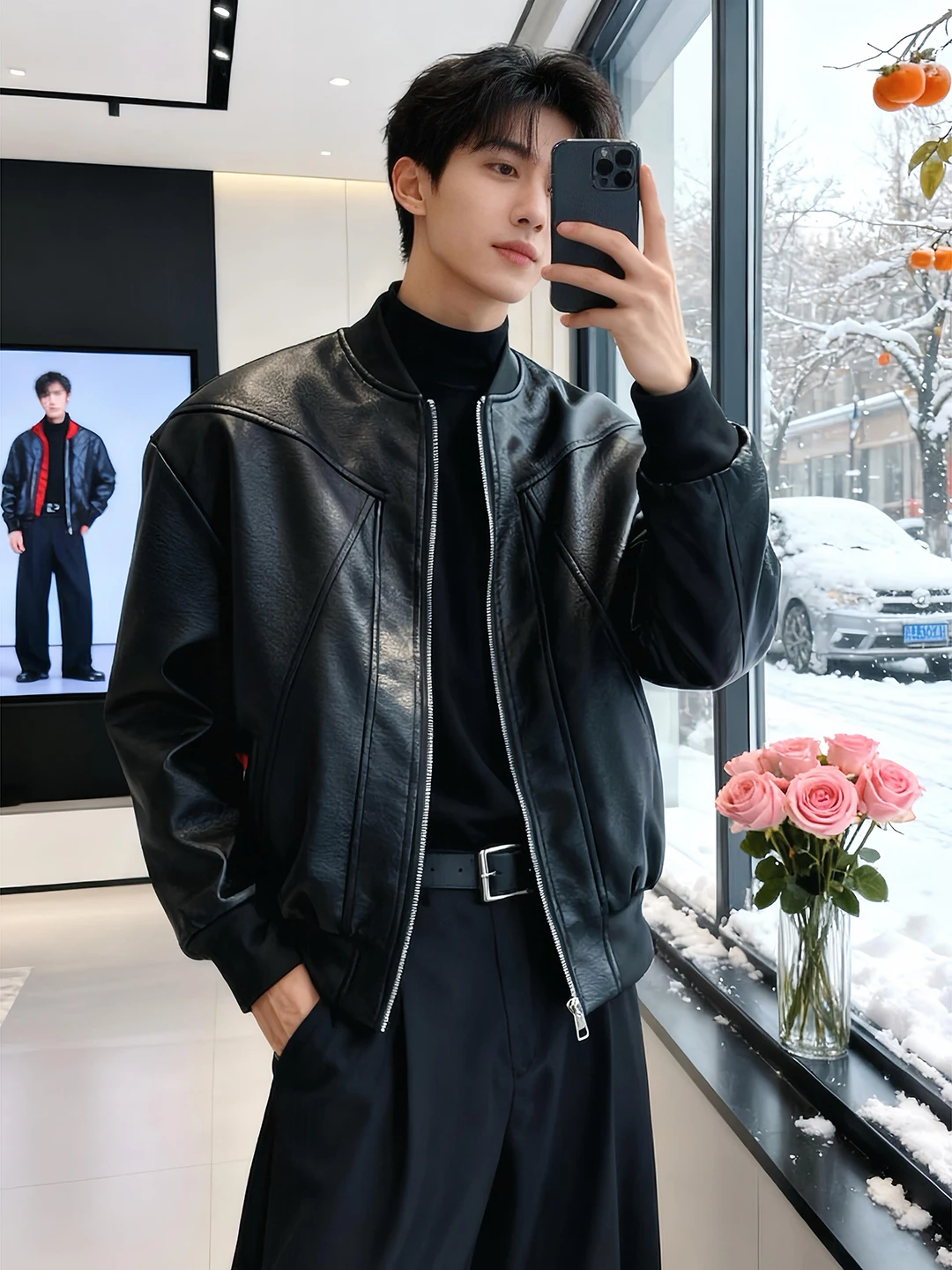 

Bla Thiened Leather Jaet Cotton Coat Men's Winter Cotton-filled Motorcycle Collar Baseball Jaet American Pilot Coat