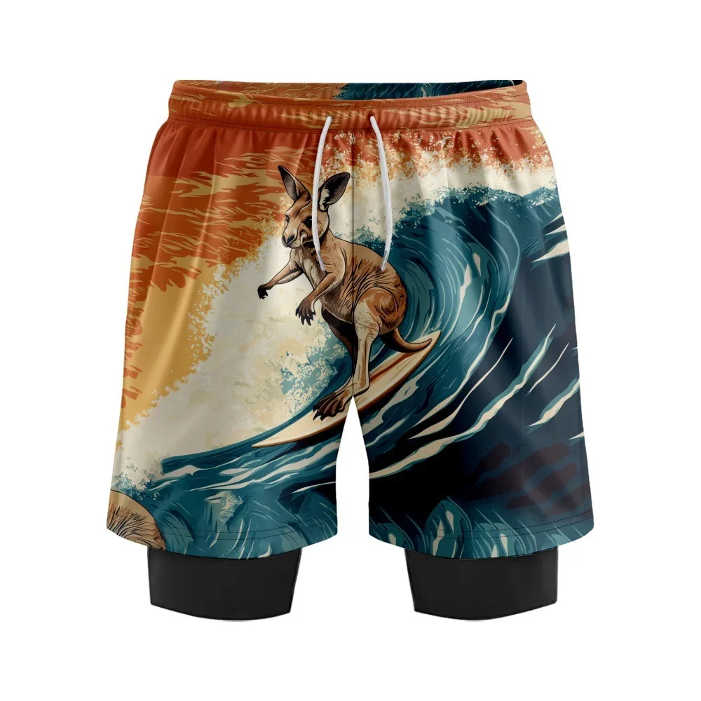 

Kangaroo Surfing Men's Double-Layer Quick-Dry Running Basketball Shorts Men's Quick-Dry Swim Trunks Comfortable Gym Shorts
