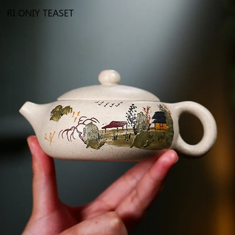 150ml Chinese Yixing Purple Clay Teapot Hand Painted Flat Xishi Filter Tea Pot Raw Ore White Mud Tea Maker Zisha Teaware