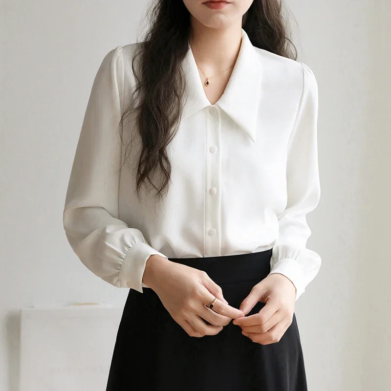 2025 moda feminina manga longa simples sólido topos primavera outono casual chiffon camisa feminina senhora do escritório blusa elegante