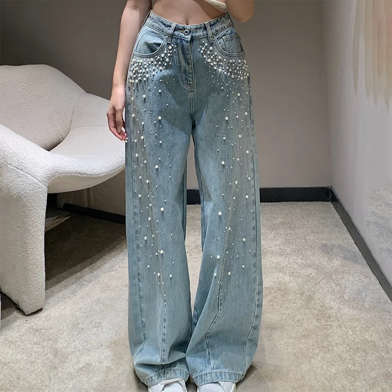 

High-Quality Heavyweight Pearl Beaded Women's Wide Leg Denim Jeans Leather Patchwork pants popular trousers 25101345