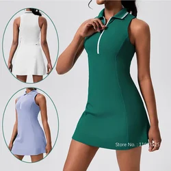 2024 Sleeveless Zipper Collar Tennis Dresses Women Workout Athletic Tennis Skirt Dress Slim Golf Dress with Shorts and Pockets