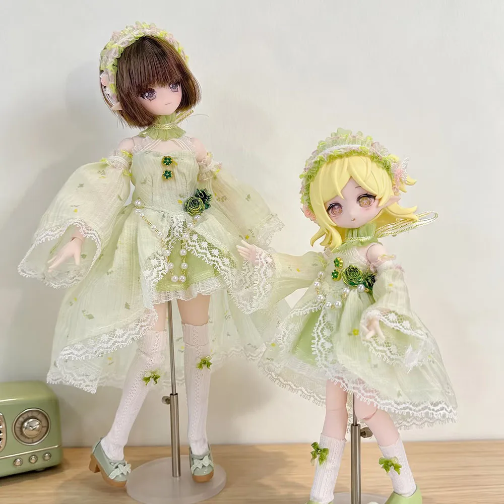 Cute Lolita Dress Lace Off Shoulder Floral Dress Tassel Headband Bow Socks High Heels Spring Green Forest Dress Doll Set8/1 12/1