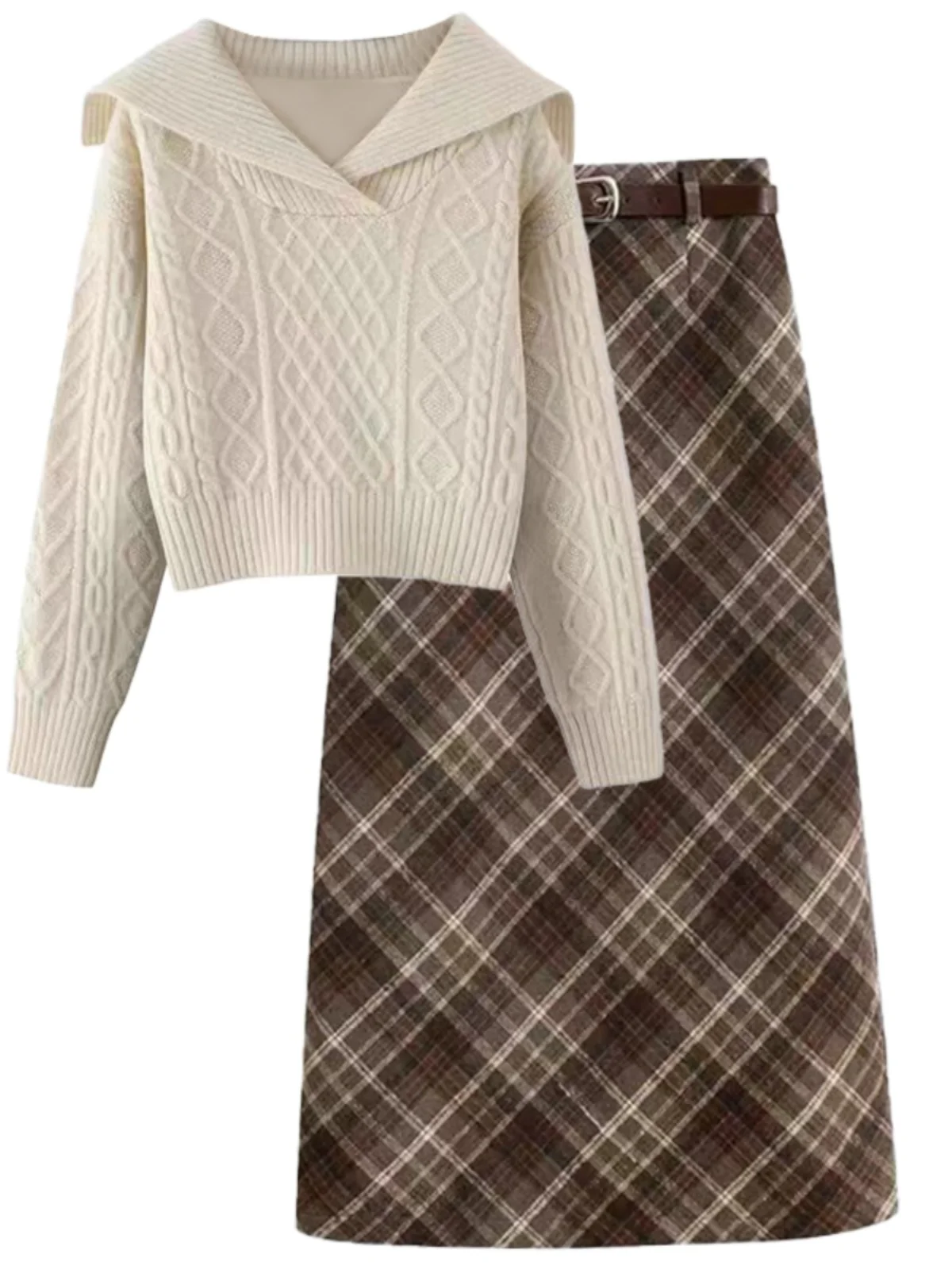 

Юбка в клетку карамельного цвета с вязаным свитером, модная осенне-зимняя женская одежда для колледжа, длинная свековая круглая Ne