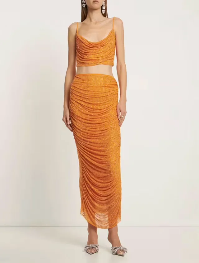 

Hotwife summer high street orange beading drapped outfits women camisole and high waist long skirt two piece sets evening outfit