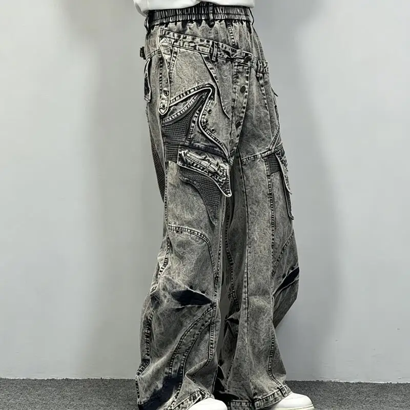 MWJLPWQ Dual Layer Elastic Waist Jeans Washed Curved Mesh Patch Rivet Multi Button Draped Wide Leg Unisex Street Trousers 17139