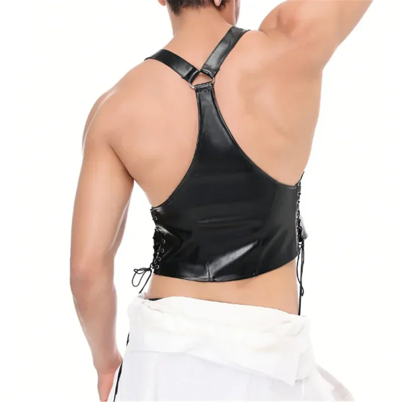 

Мужские сексуальные жилеты на шнуровке по бокам с Т-образной спинкой, корсет из искусственной кожи, топы, стринги, костюмы, майки для геев, эротические комплекты нижнего белья на молнии