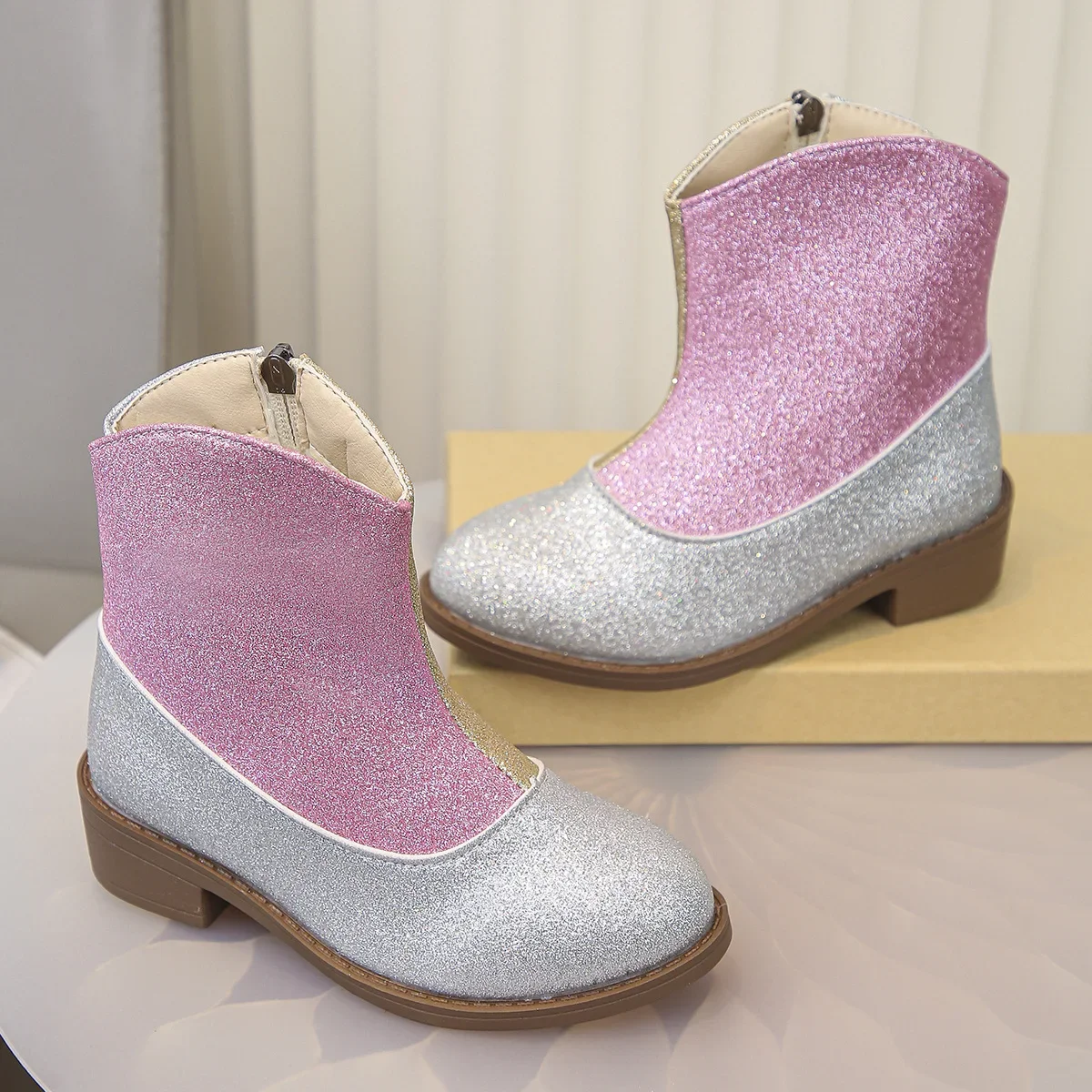

Girls' Sparkly Princess Boots Color Block Pattern with Zipper Closure Fashionable Short Ankle Boots for Kids & Toddlers