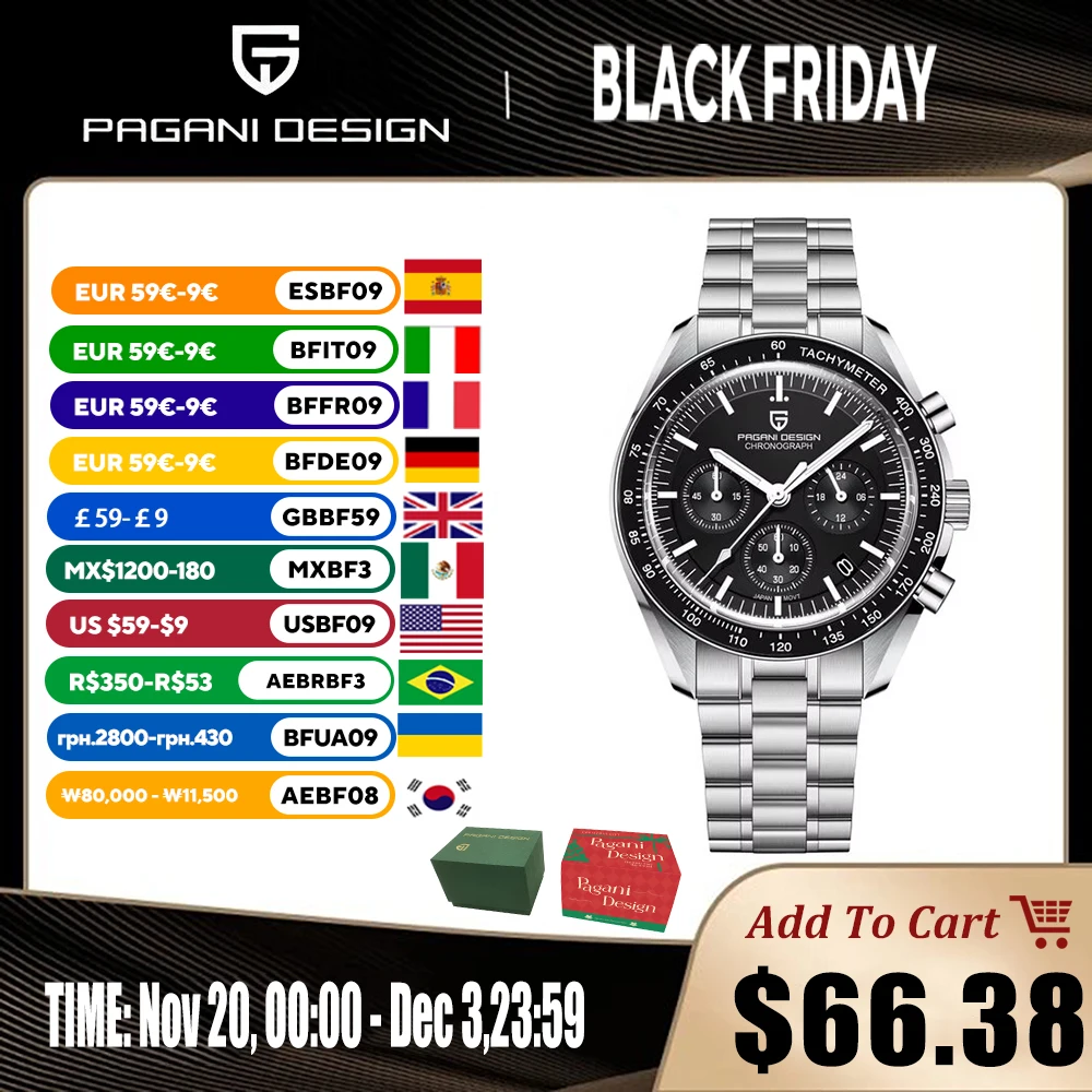 

2025 New Mens Watches PAGANI DESIGN Luxury Quartz Watch For Men VK63 Chronograph AR Sapphire Mirror Ceramic Bezel Luminous Clock