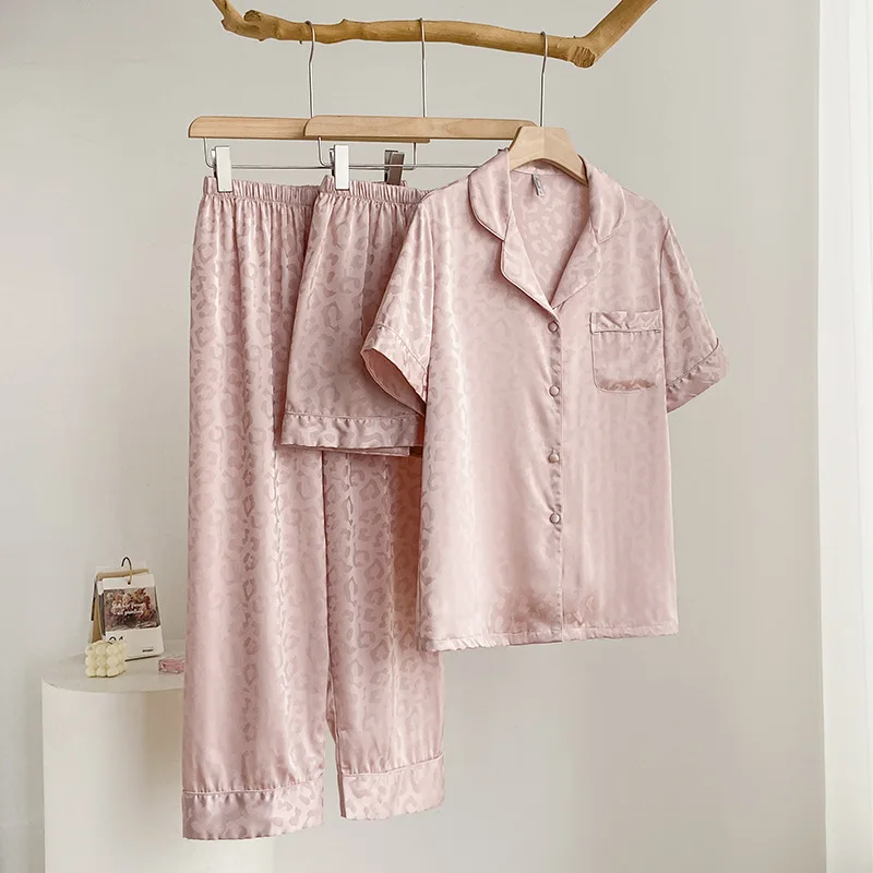 

Pajamas Set Women Sleepwear Casual Jacquard Satin Lapel Short Sleeve Shirt Pants Shorts Nightwear Lounge Wear Soft Pyjamas