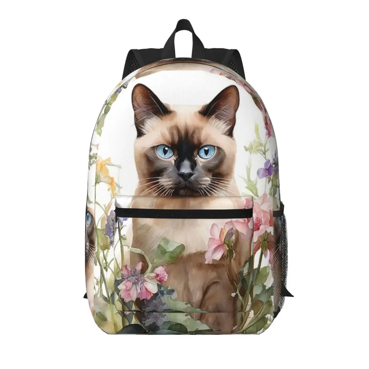 Siamese Cat In Beautiful Floral Student Backpack School Bag Hiking Travel Daypack for Men Women Bookbag Shoulder Bags