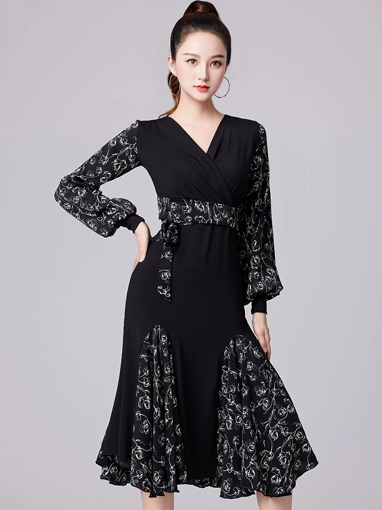 

2025 New Modern Dance Ballroom Dance Performance Dress Print V-neck Dress Competition Clothes Waltz Latin Dance Dress DQL11241