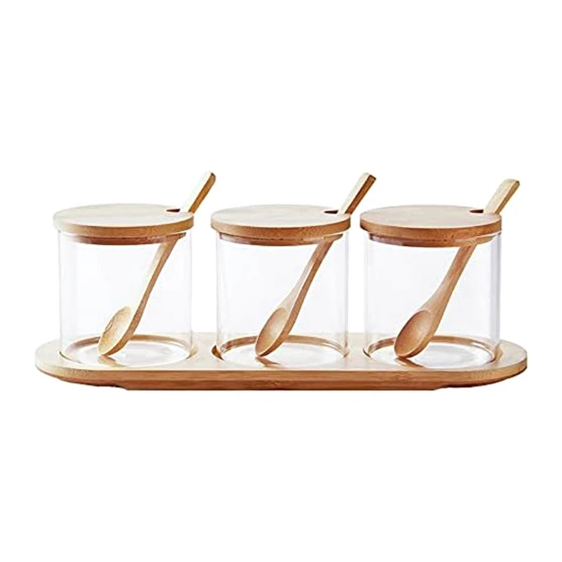 

Bamboo Condiment Container With Lid And Spoon-Condiment Box Set, Used To Store Condiments, Salt And Sugar.-AT36