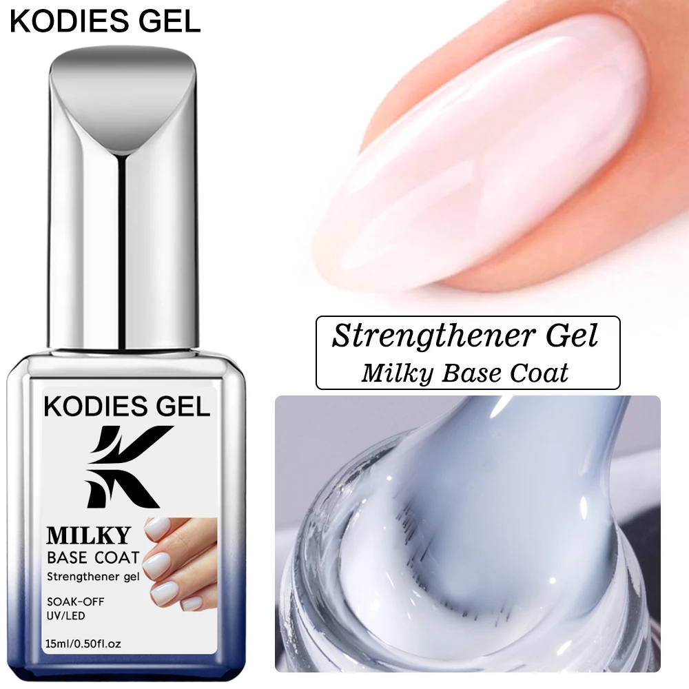 KODIES GEL Milky White Base Coat Gel Nail Polish Strengthener Gel Primer 15ml New Formula Semi Permanent UV Rubber Base Manicure