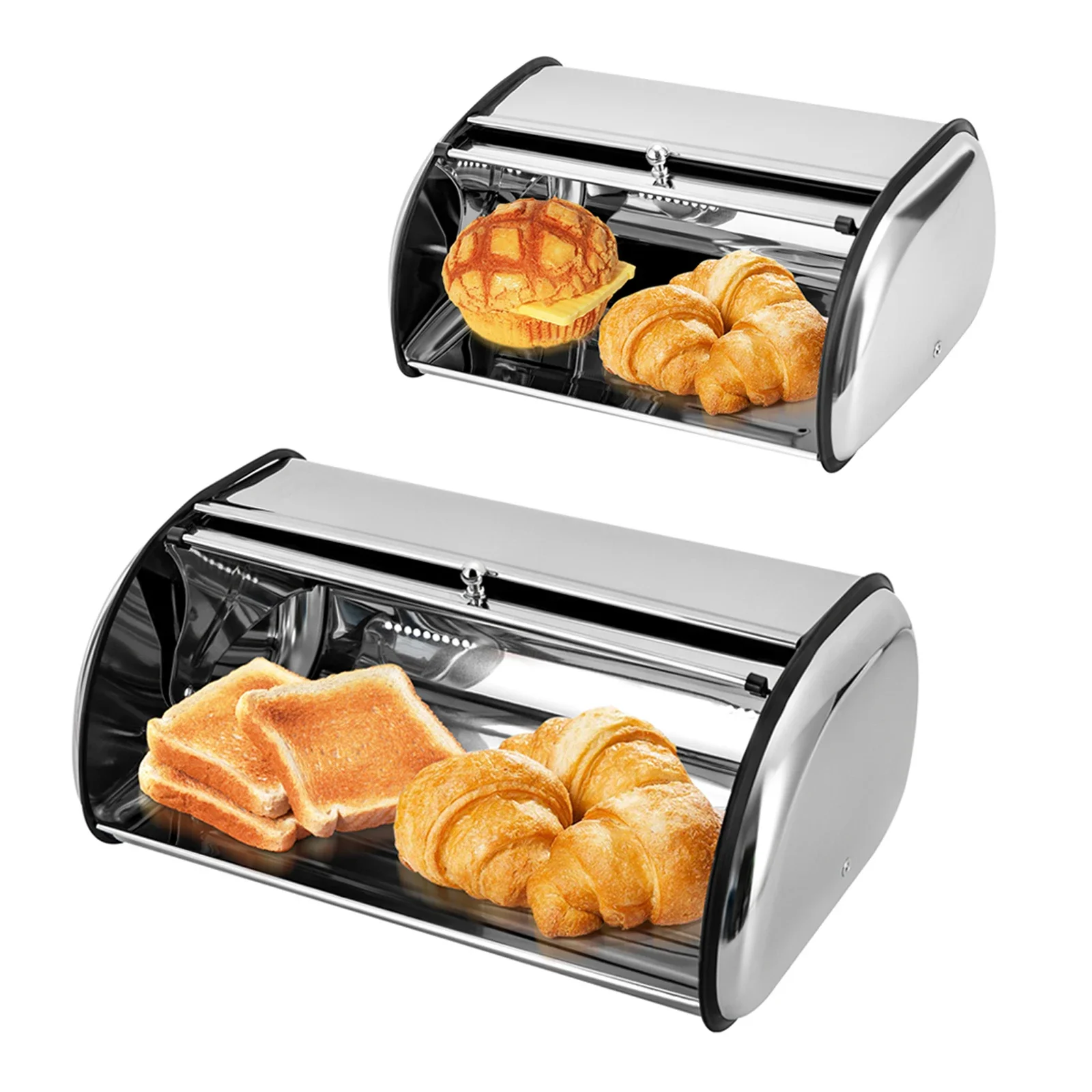 Edelstahl-Brotkasten Bäckerei-Vitrine Brotaufbewahrungsbehälter mit Sichtfenster Rolltop-Deckel 5L Fassungsvermögen für die Küche – Detail 1