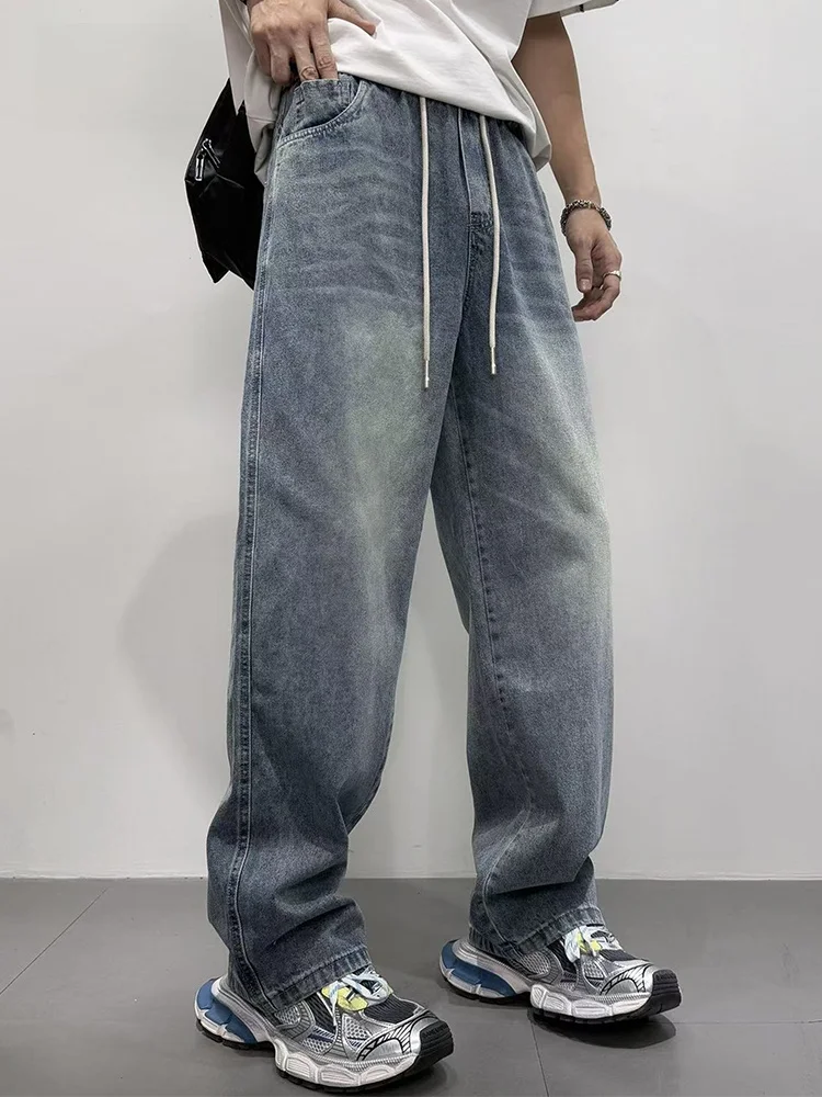 

Retro American Blue Straight Leg Men's Jeans Spring Trendy Wide Leg Loose Dstring Long Trousers Casual Cotton Pants