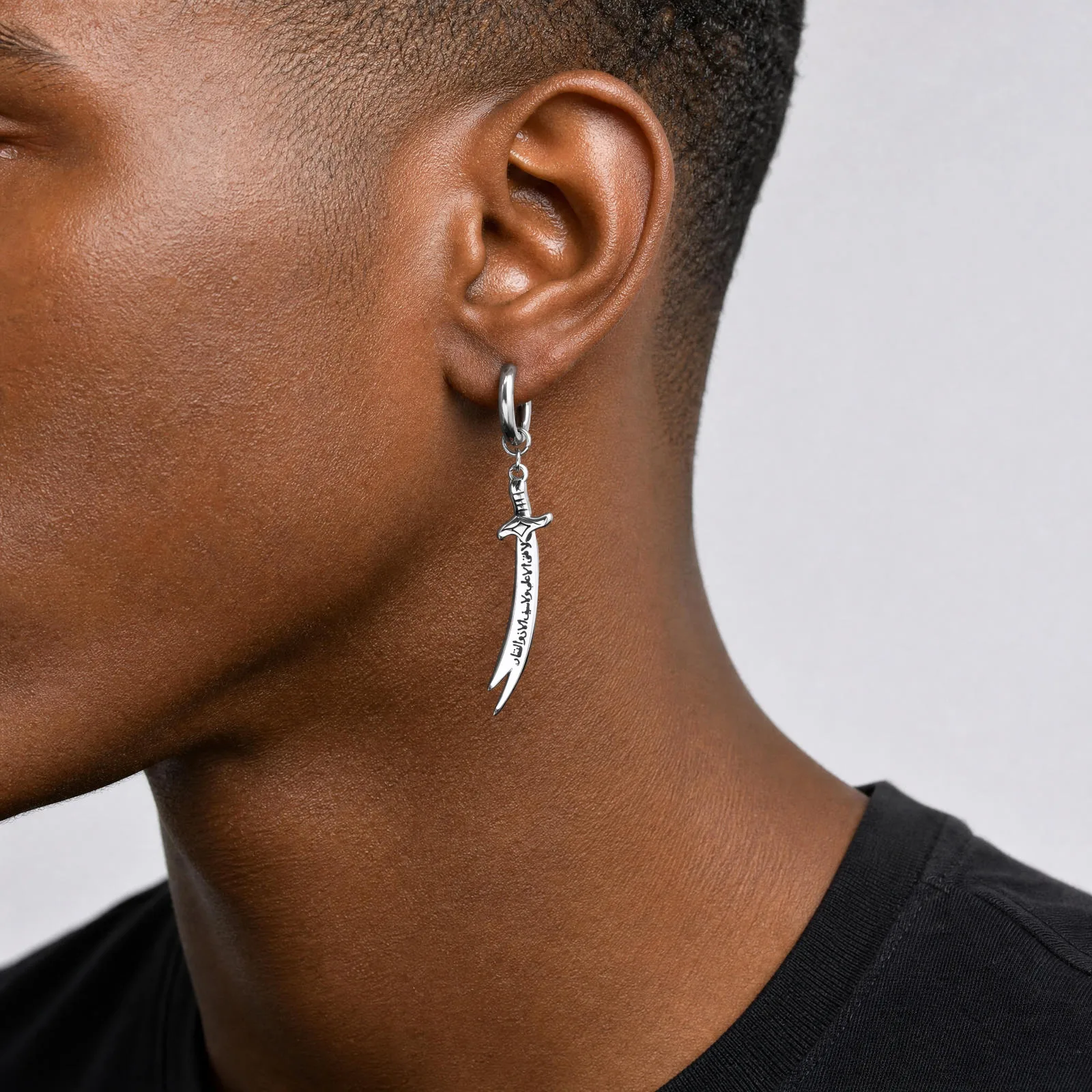 Vnox Men Zulfiqar Sword Dangle Hoop Earrings, Stainless Steel Pierced Ear Jewelry, Punk Gothic Arabic Script Drop Earring Gift