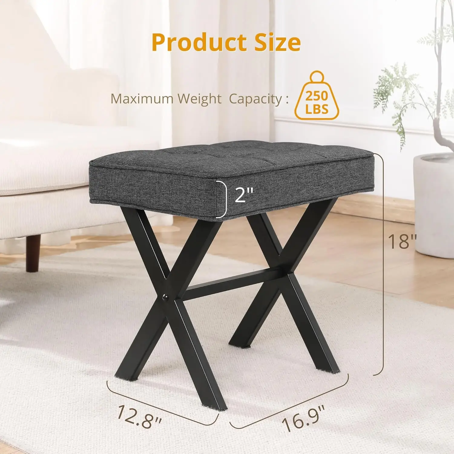 Vanity Stool, Square Linen Makeup Stool with Metal X Legs,Modern Padded Vanity Seat Foot Rest Stool for Makeup Room, Living Room