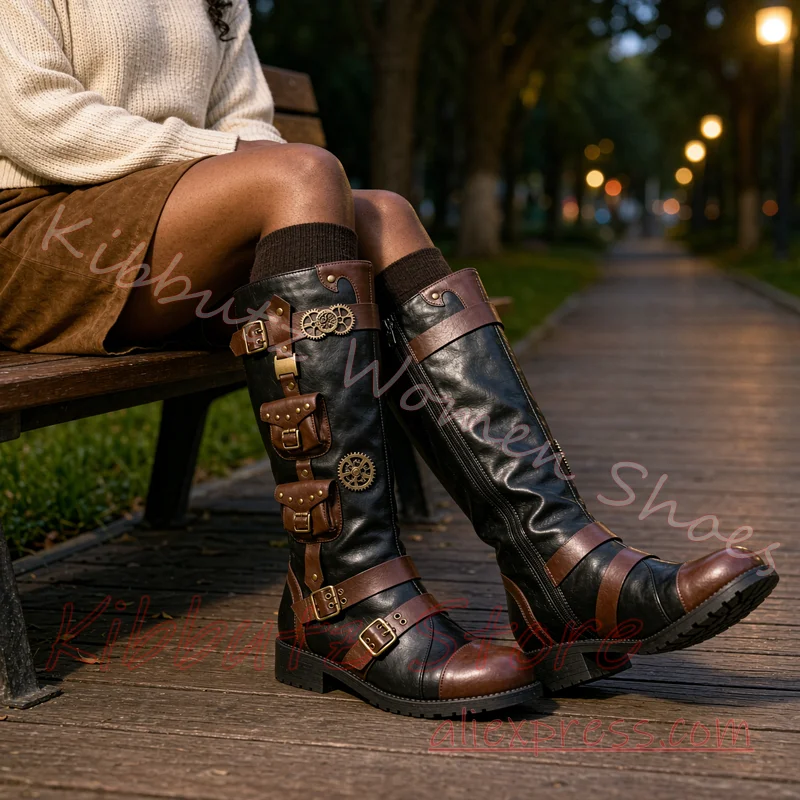 Steampunk Knee High Boots Gear Pocket Multi Buckle Side Zip Flat Sole Vintage Gothic Cosplay Renaissance Footwear Leather Sexy view 6