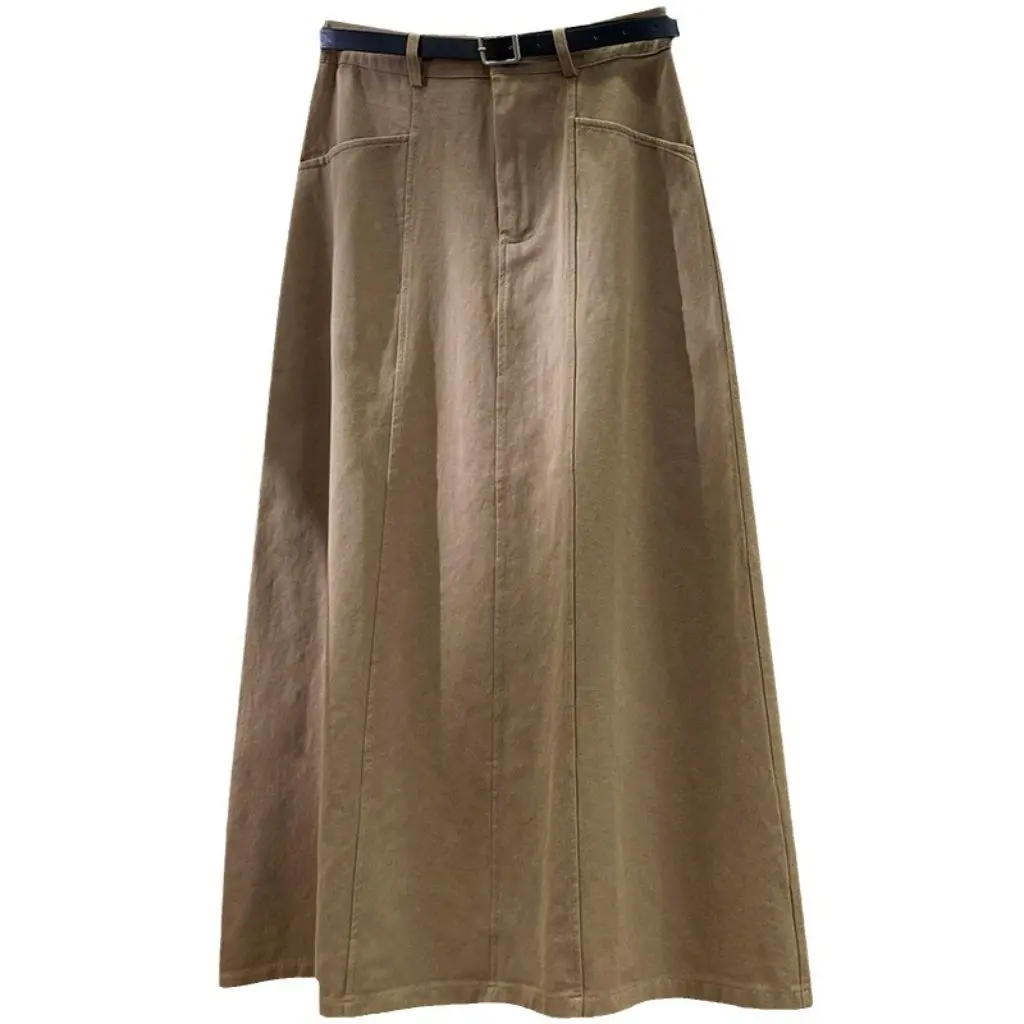 

Women's High-Waisted A-Line Skirt Double-Pocket Mid-Length Hip-Covering Vintage Belted Elegant Over-The-Knee Autumn