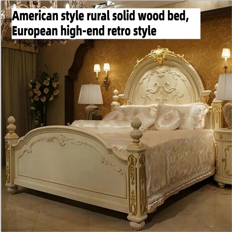 180x200cm Vintage Double Beds Full King Size Wooden Queen Twin Bed 2 People Home Frame Princess Twin European Bedroom Furniture