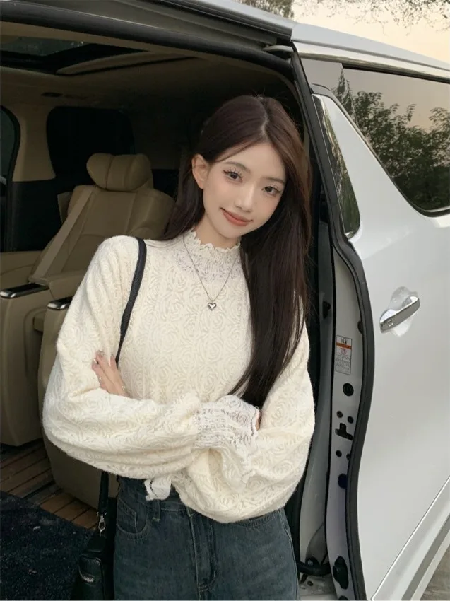 

Lace Shirt Women's Flared Sleeve Fleece Lined Casual Half High Collar Spring New Style Loose Slimming Top Korean Style